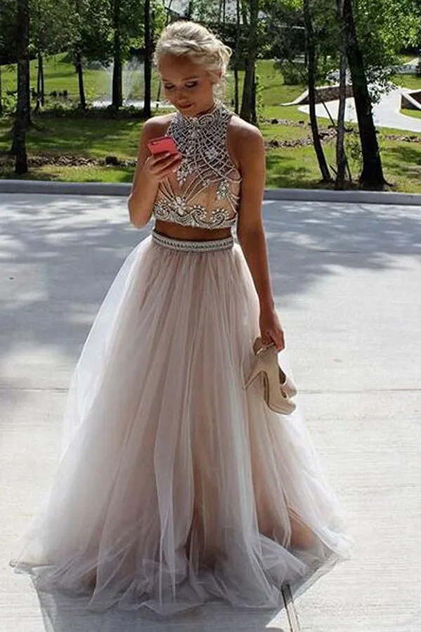 Anneprom Two Piece High Neck Sleeveless Floor-Length Prom Dresses Evening Dresses APP0120