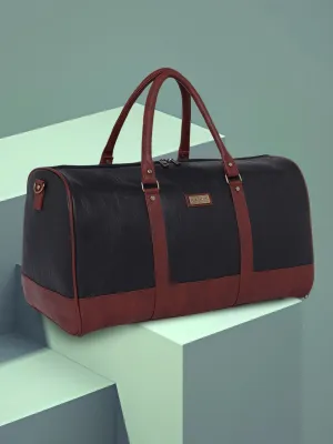 Ink Black Vegan Leather Travel Duffle Bag With External Shoe Pocket